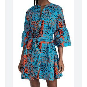 The OULA Company Tie Front Split Neck Dress Blue Orange Print Bell Sleeves S EUC